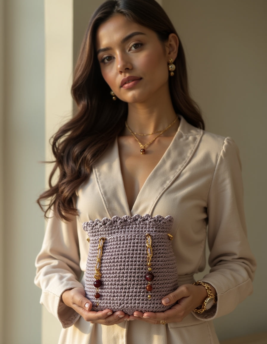 Bolso artesanal color lavanda con detalle de cuentas negras y burdeos.