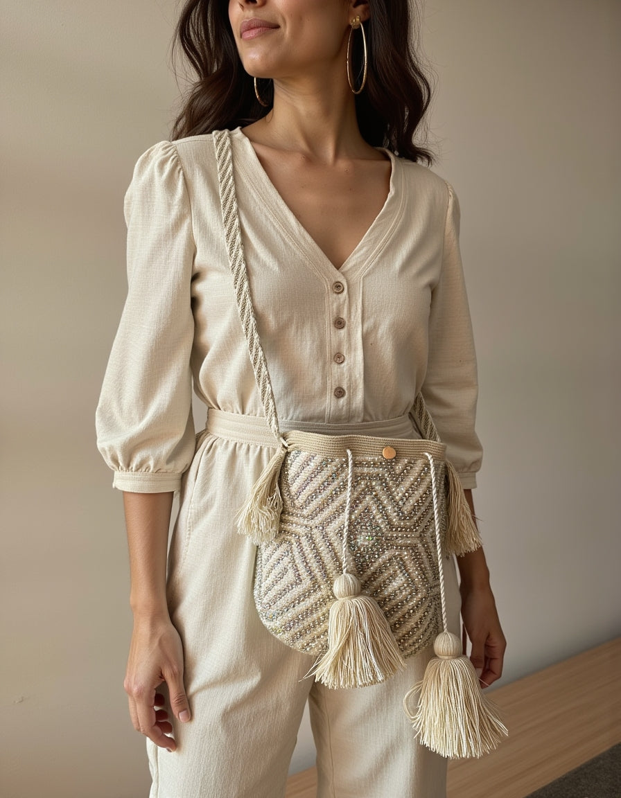 Bolso nube perlada con detalles en relieve y bordado a mano.