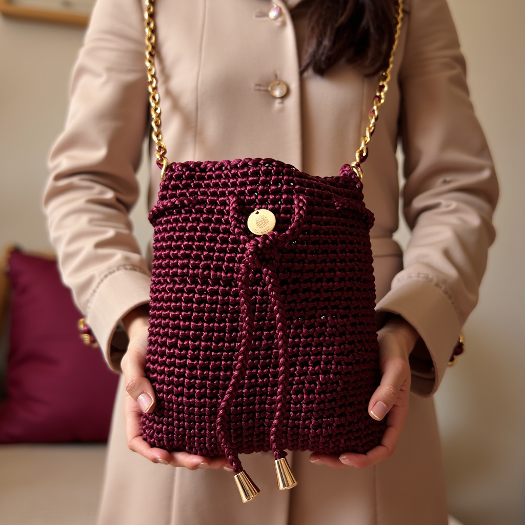 Bolso tejido a mano borgoña chic con cordón ajustable y herrajes.