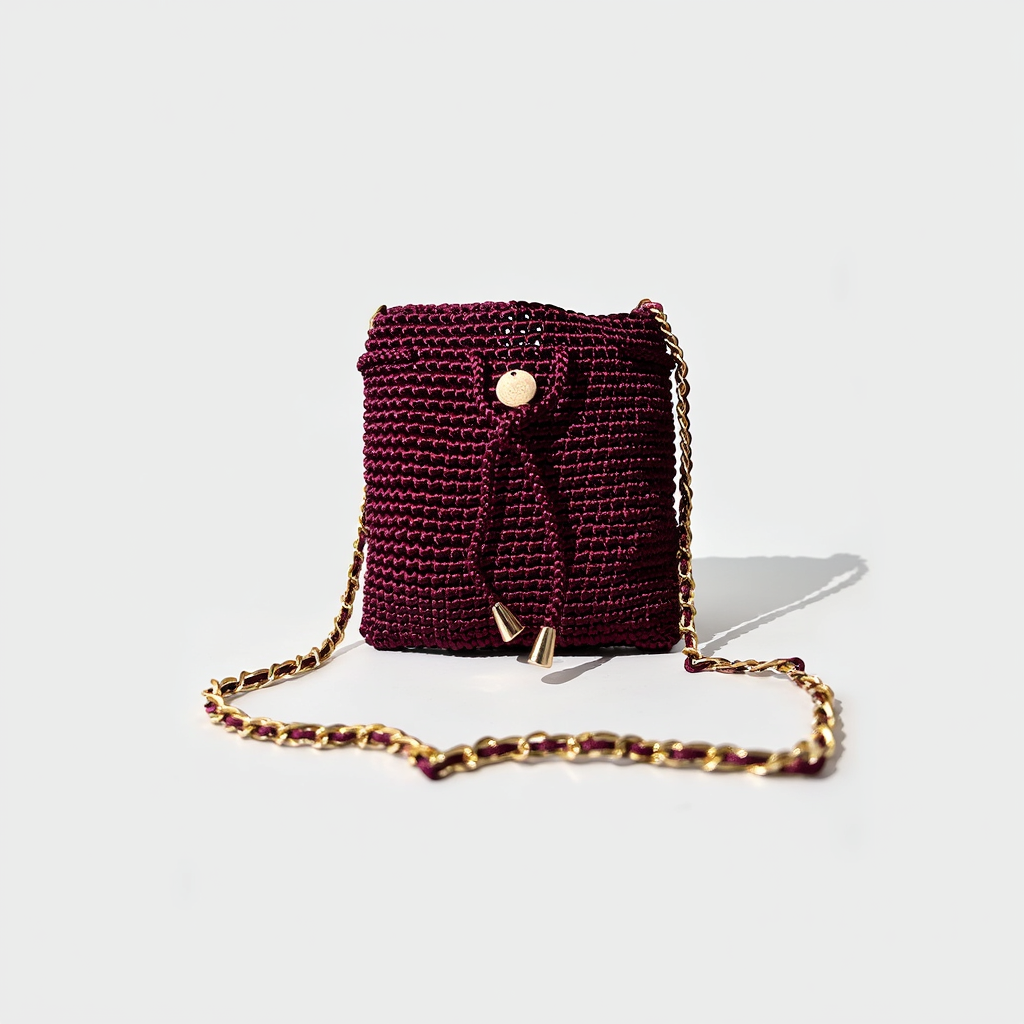 Mochila artesanal color borgoña con cadena dorada elegante.