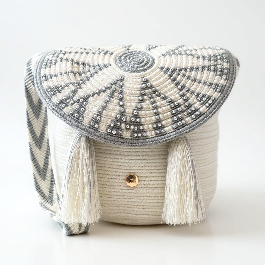 Mochila Perla Imperial de Domenechsa Mochilas en vista lateral, con diseño étnico tejido a mano y correa con patrón zigzag.