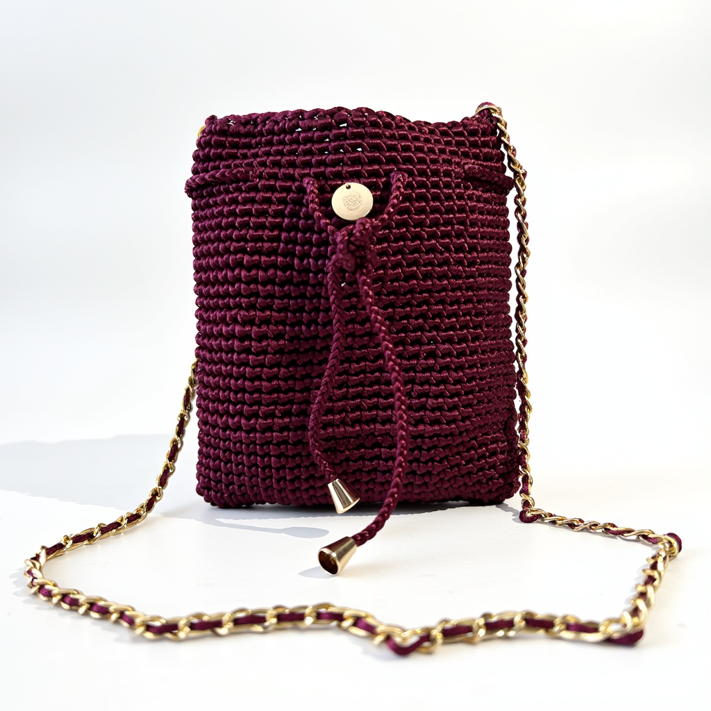 Mochila de lujo color vino con detalles dorados y diseño artesanal.