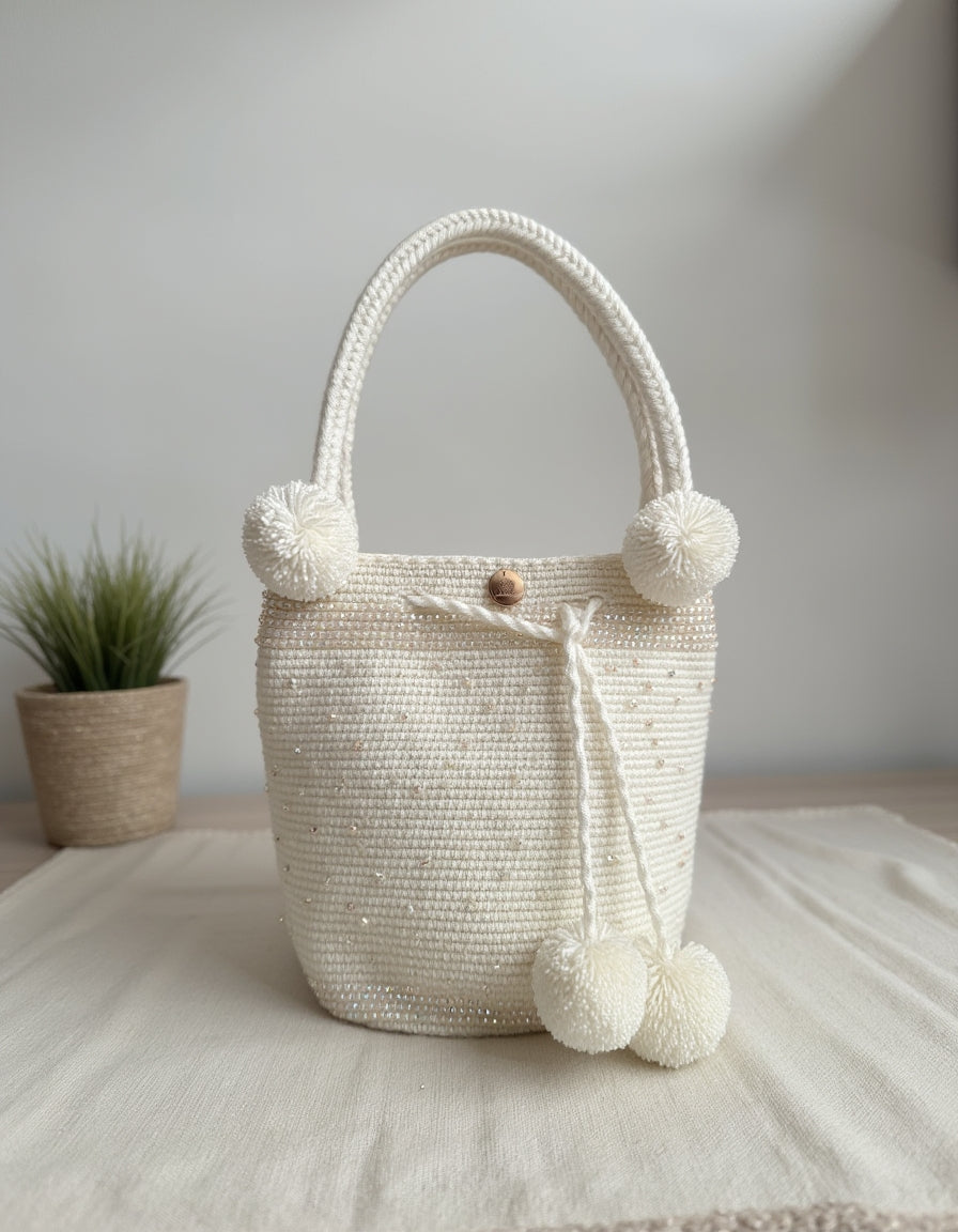 Mochila blanca con perlas y pompones decorativos, ideal para outfits elegantes y modernos.