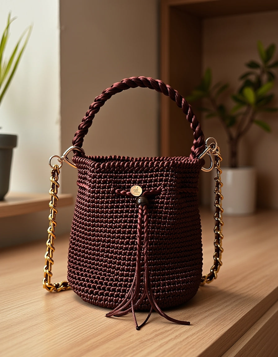 Bolso pequeño merlot con cadena de oro y asa superior trenzada a mano.