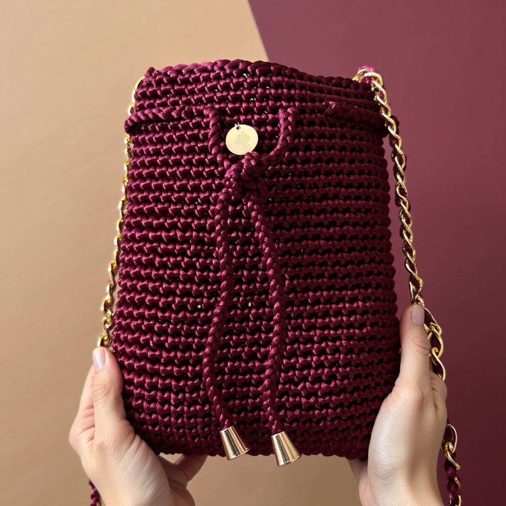 Mochila borgoña Domenechsa con cadena metálica dorada y cordón.