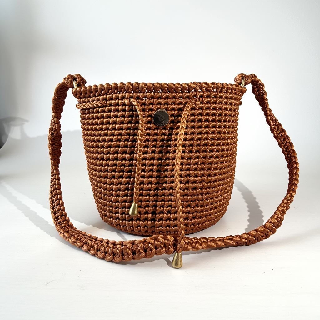 Mochila tejida artesanalmente color cobre con acabado sofisticado.