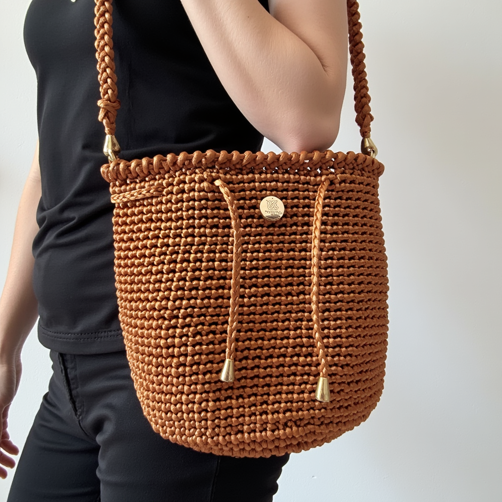 Bolso tejido a mano tono terracota con detalles dorados elegantes.