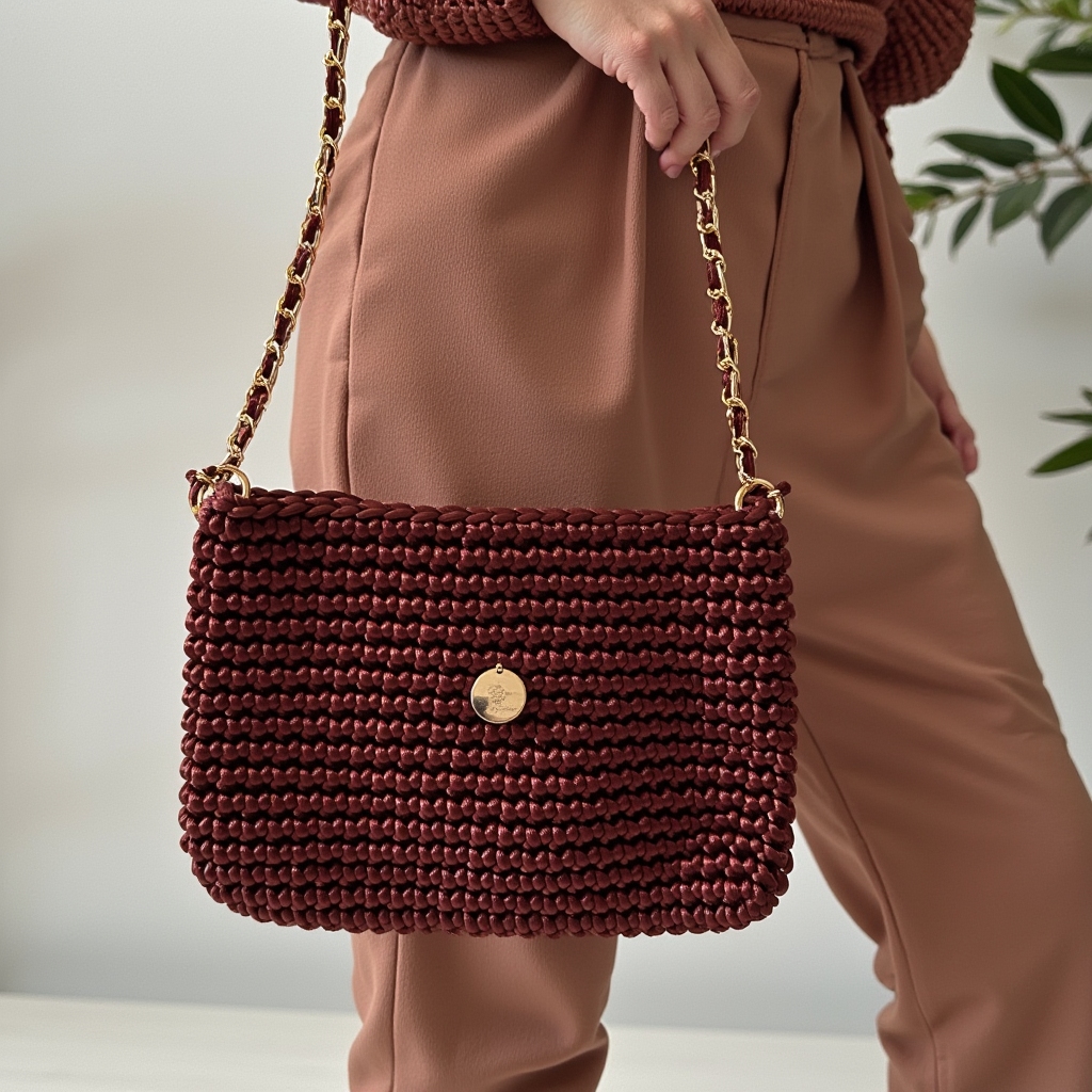 Clutch tejido a mano color burdeos, ideal para eventos.