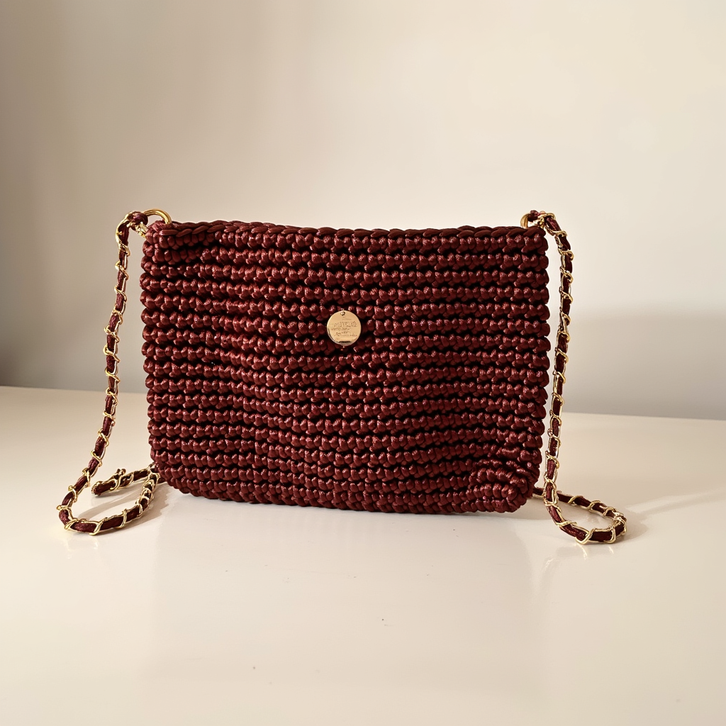 Mochila compacta bordó artesanal con cadena metálica.
