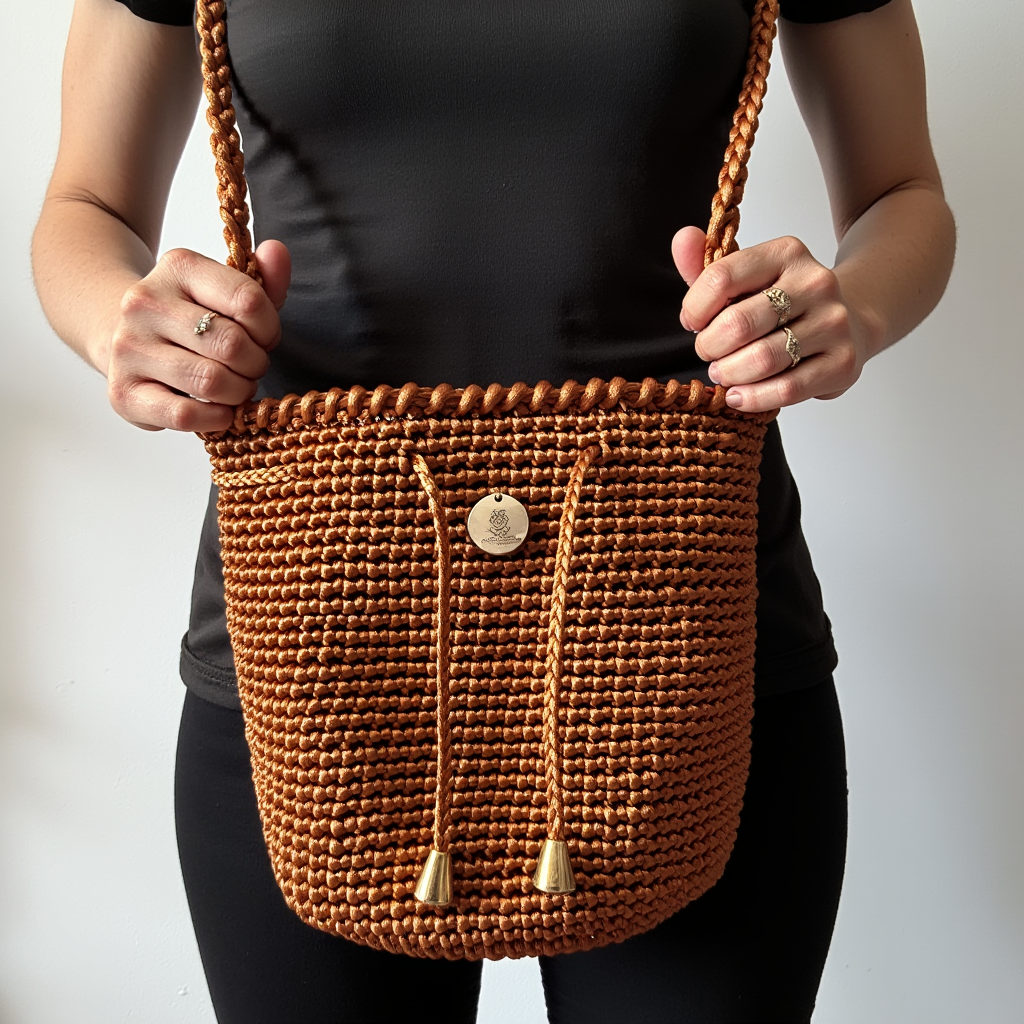 Mochila artesanal en color cobre tierra con cadena dorada y cordones