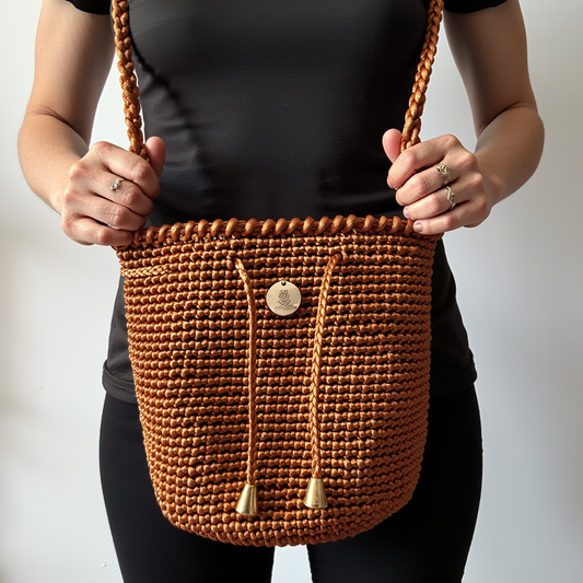 Mochila artesanal en color cobre tierra con cadena dorada y cordones