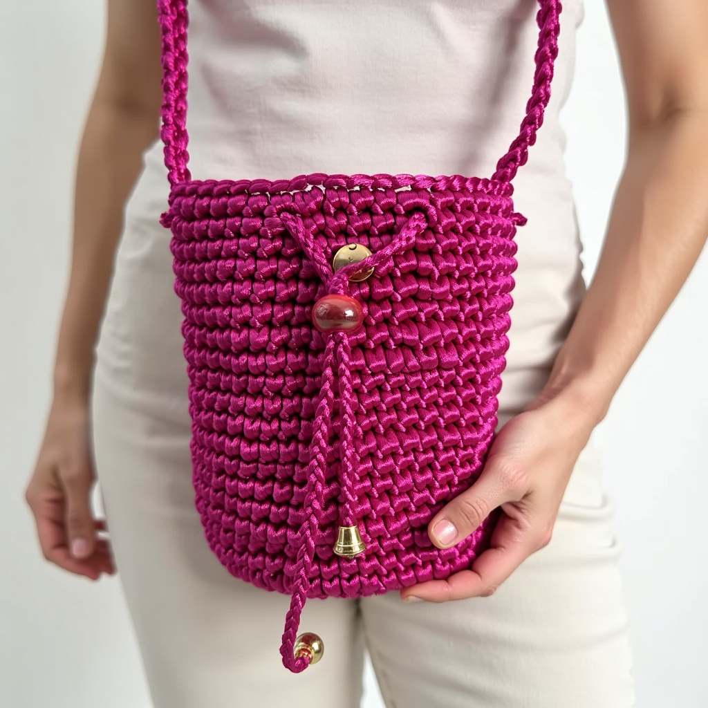 Bolso tipo mochila fucsia con textura tejida y detalle de bolita decorativa – Domenechsa Mochilas