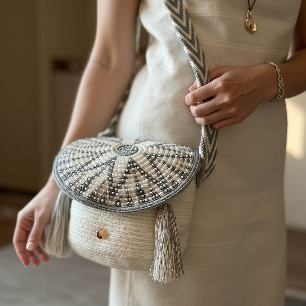 Mochila única Perla Imperial de Domenechsa Mochilas, hecha a mano con diseño étnico, ideal para un look artesanal y moderno.