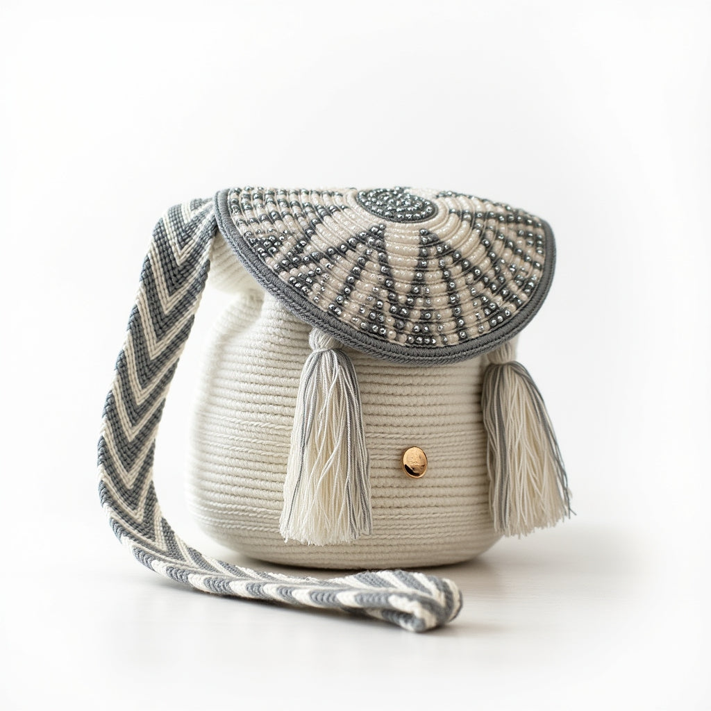 Vista frontal de la mochila artesanal Perla Imperial de Domenechsa Mochilas, hecha a mano en blanco y gris con tapa tejida y borlas decorativas
