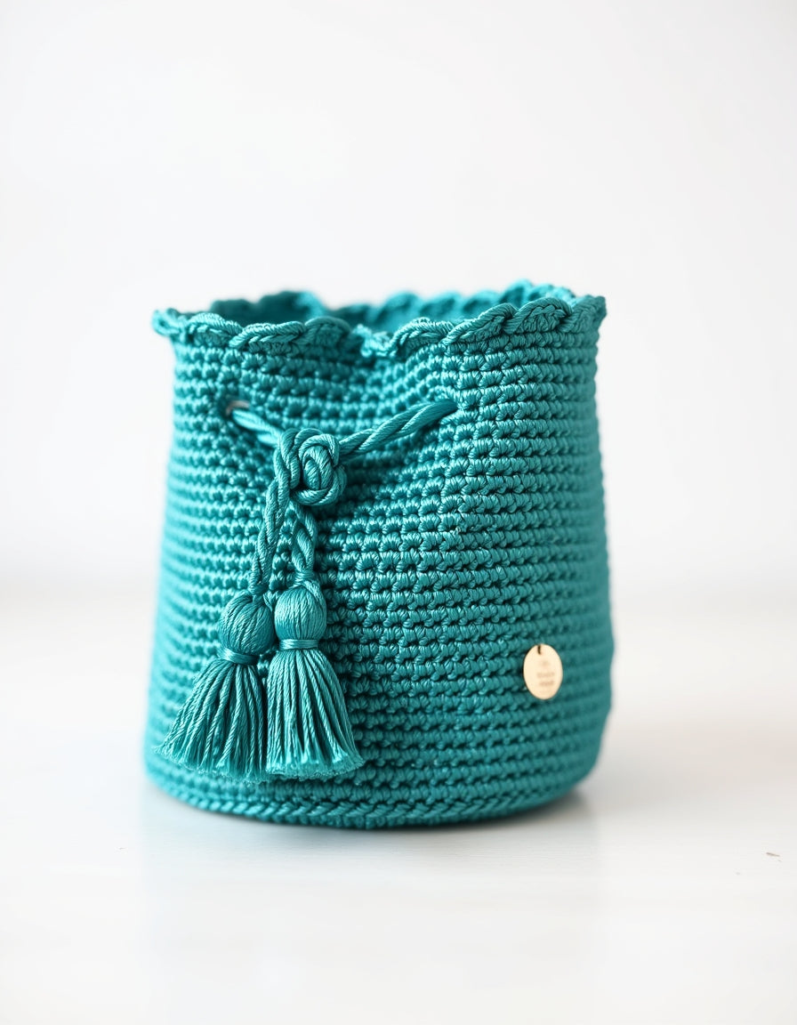 Mochila artesanal Turquesa Esmeralda de Domenechsa, tejida a mano en hilo grueso con borlas decorativas