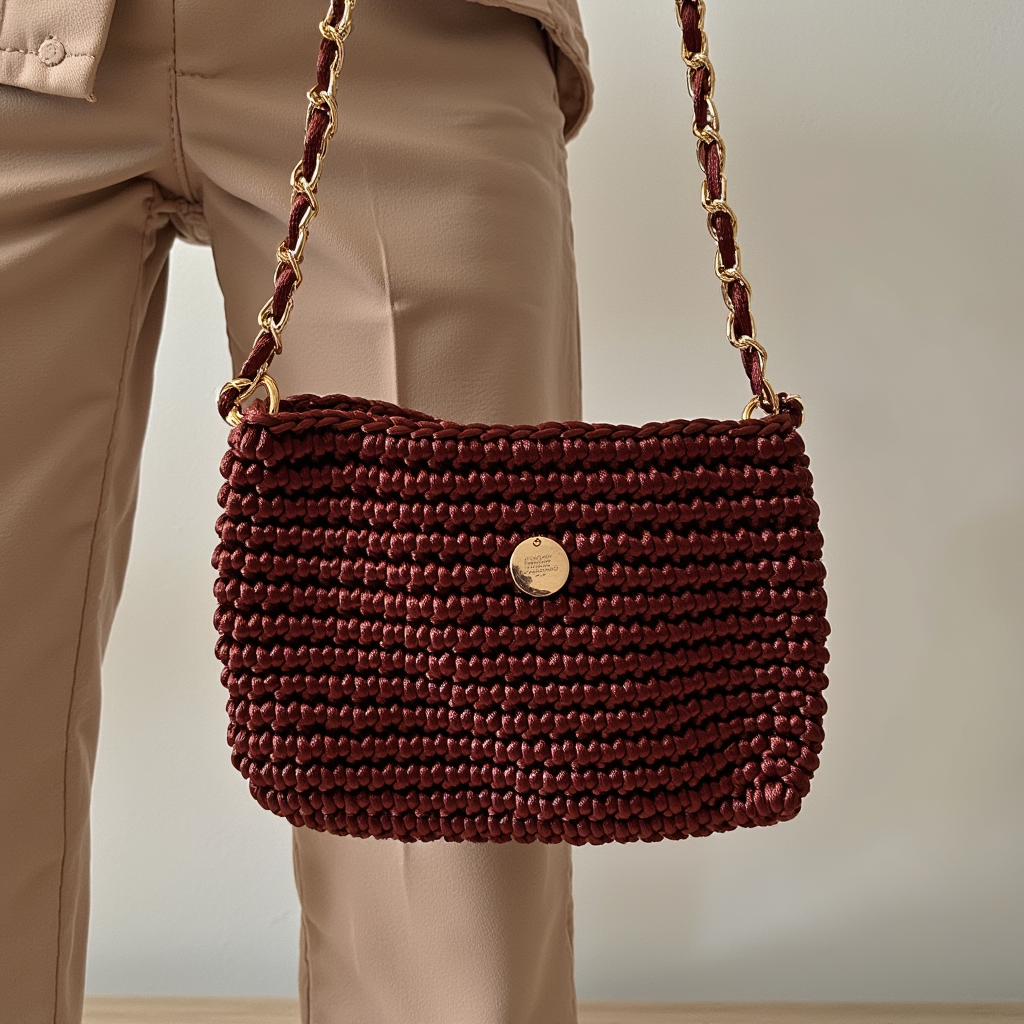 Bolso tipo cartera bordó con cadena dorada artesanal.