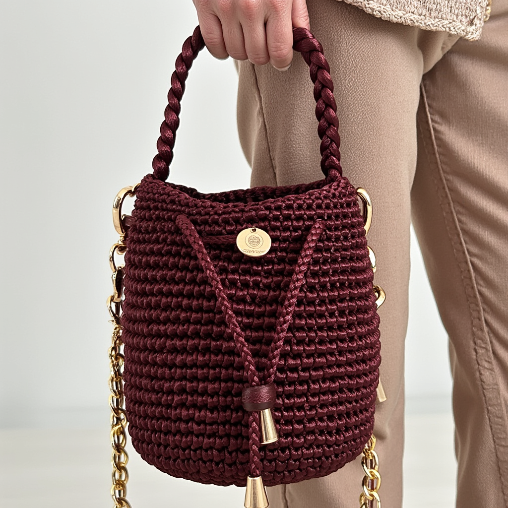 Bolso mochila artesanal color vino tinto con detalles dorados y tejido a mano – Domenechsa Mochilas