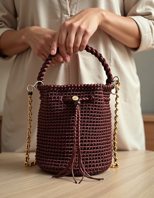 Mochila de lujo tono merlot con diseño cilíndrico y textura tejida.