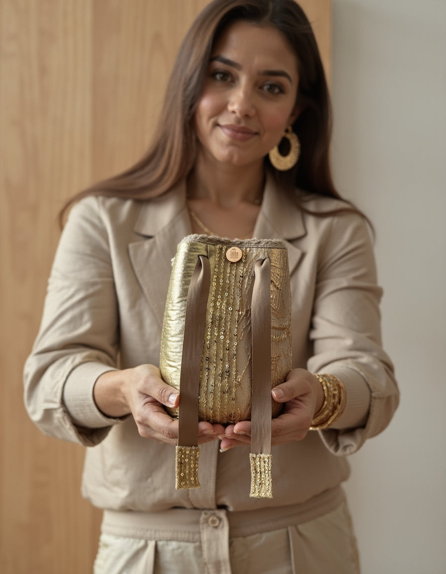 Diseño artesanal Domenechsa: mochila dorado imperial con detalles bordados y cintas.