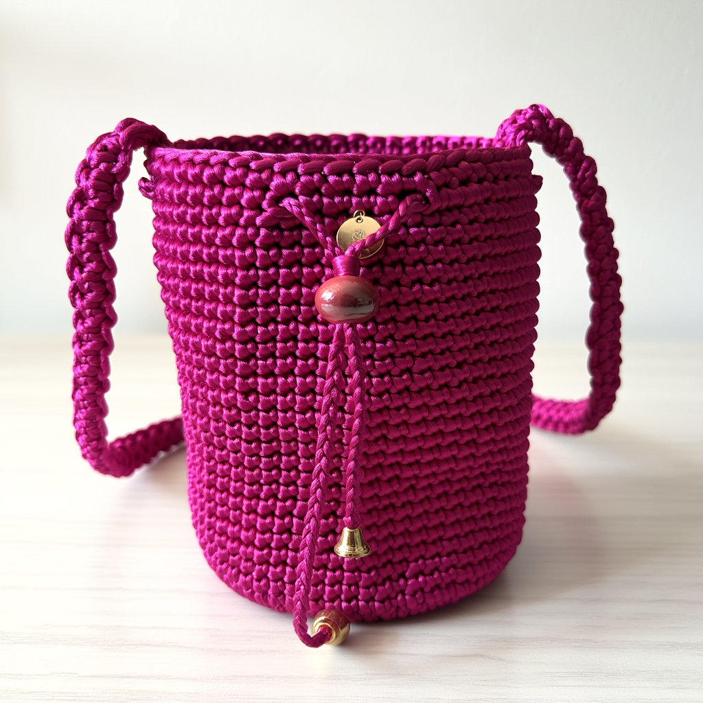 Mochila artesanal fucsia vibrante, tejida a mano con acabados dorados – Domenechsa Mochilas