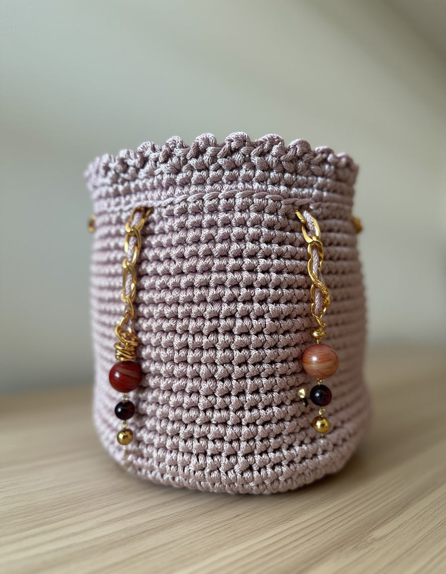 Mochila Lavanda Real tejida a mano con cadena dorada y cuentas decorativas.