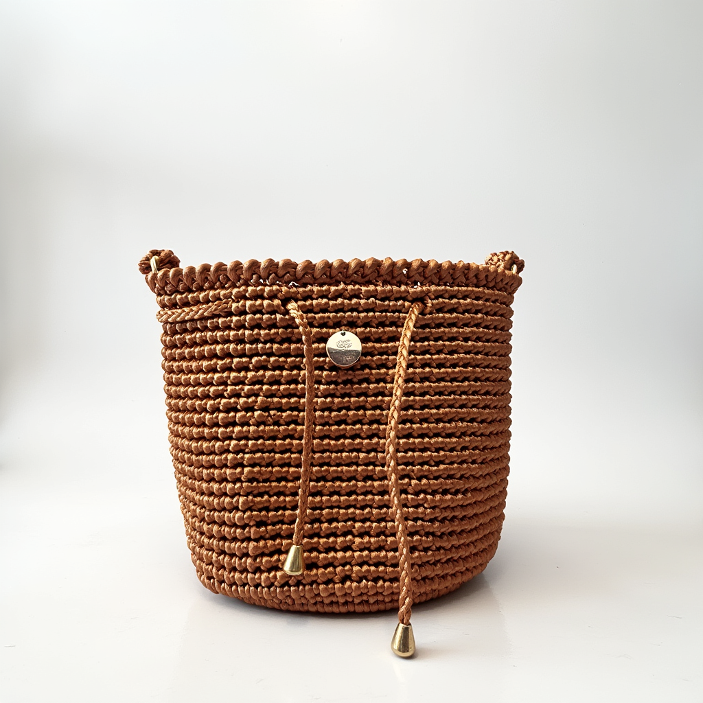 Mochila artesanal colombiana color cobre tierra, con textura tejida a mano.