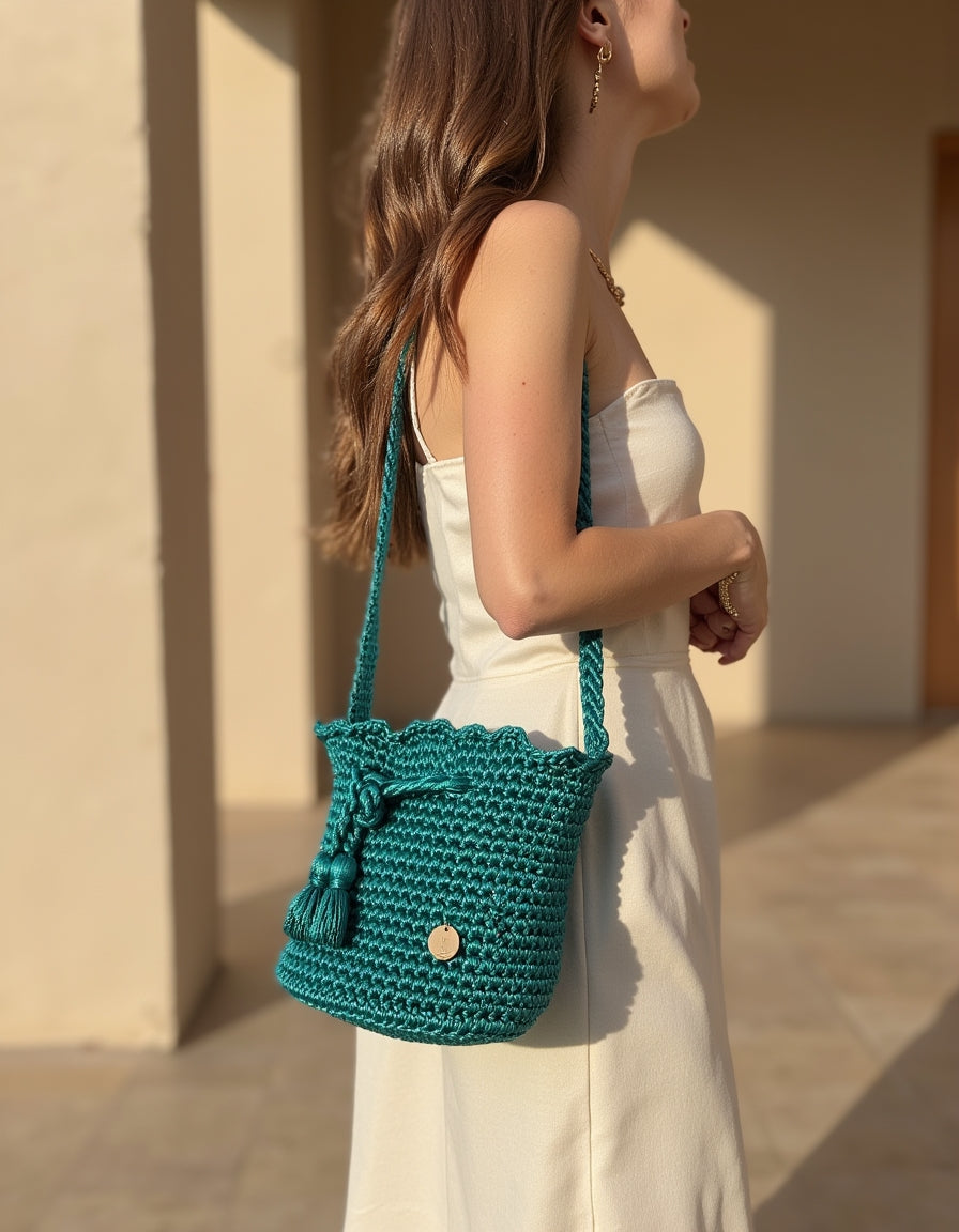 Bolso artesanal en tono turquesa esmeralda, tejido tipo crochet con detalle de etiqueta dorada de Domenechsa